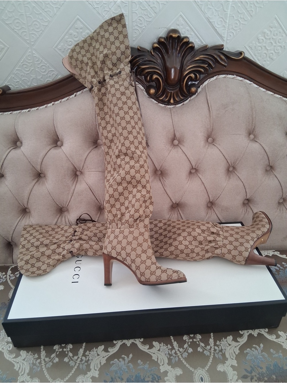 Gucci Lisa Beige GG Monogram Over-the-Knee Heeled Boots